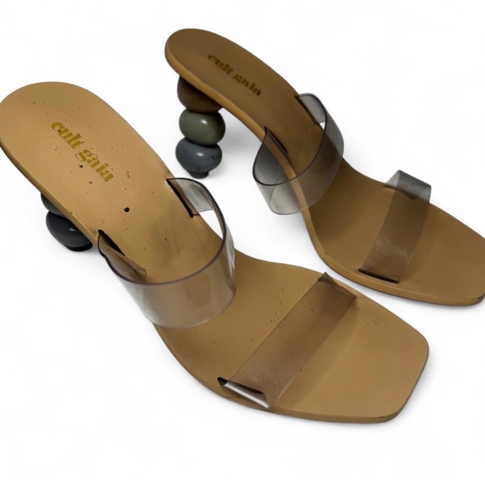 Cult Gaia Gia Sandals Tan Clear PVC Sculptural Bauble Heel Square Toe Size 39